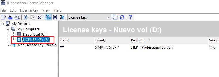 Licencia Siemens en USB en Automation License Manager